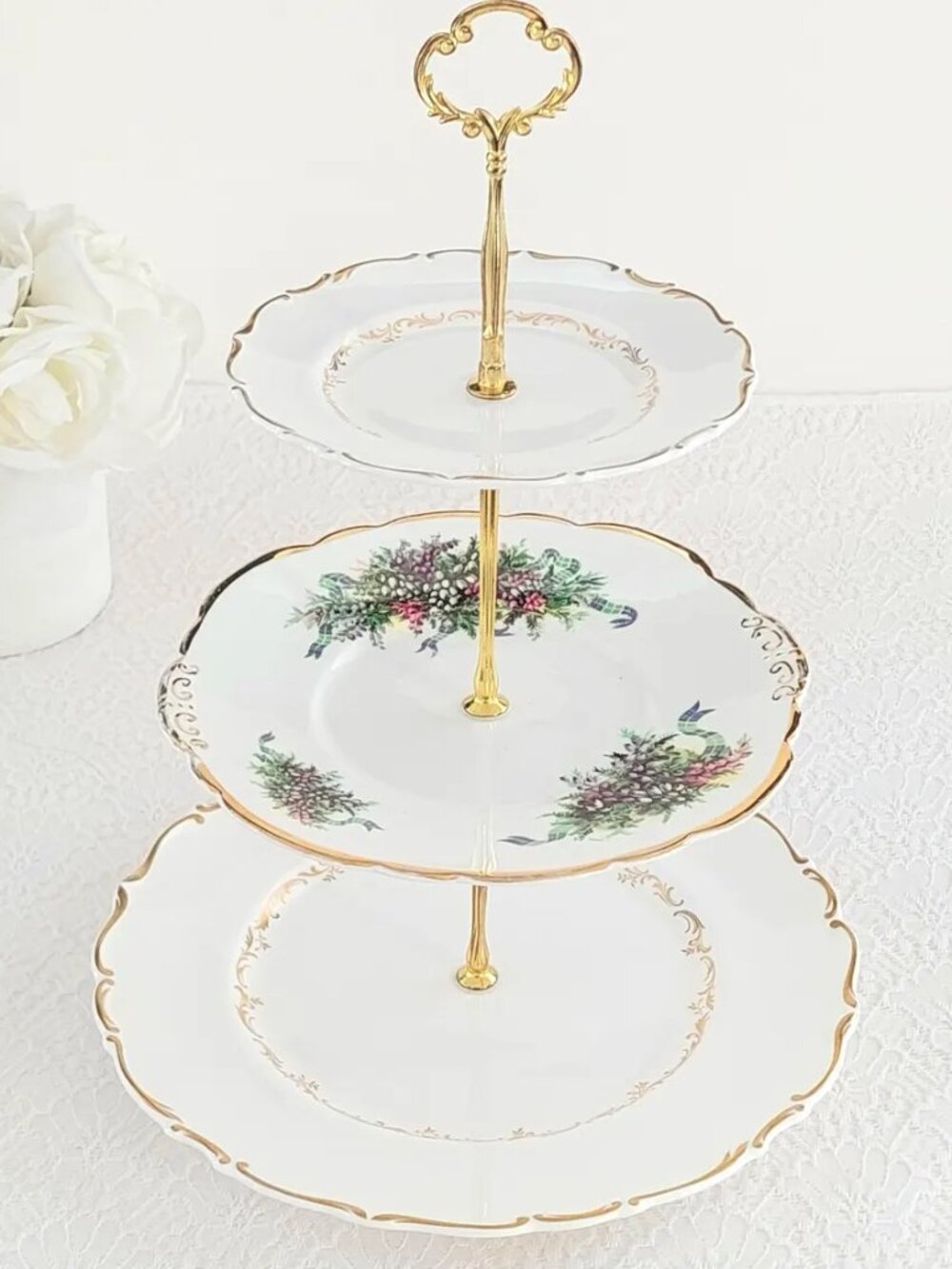 3-Tier Cake Stand, Vintage English Bone Chin Royal Doulton Floral Tiered Serving